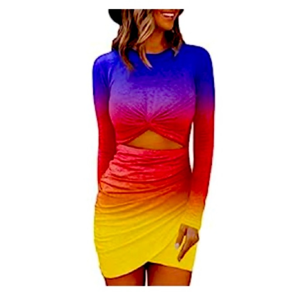 Acelitt Tie Dye Cut Out Dress for Women Long Sleeve Crew Neck Sexy